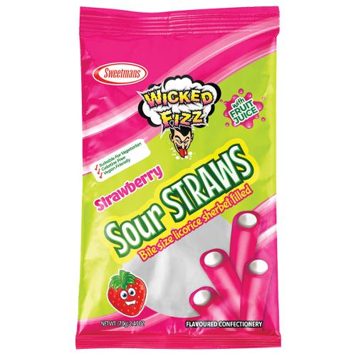 Wicked Fizz Strawberry Sour Straws - 70g